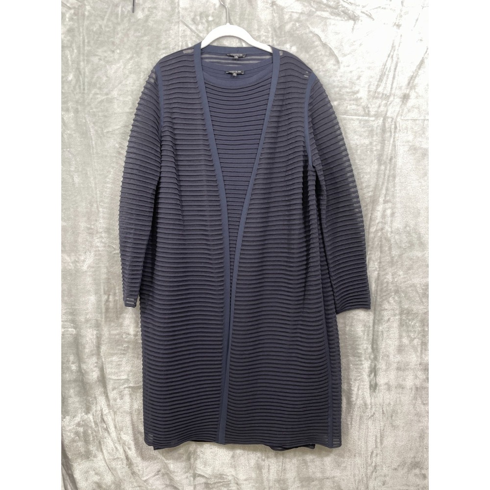 Lafayette 148 Size XL 2Pc Sleeveless Sheath Dress+ Long Cardigan Navy Ribbed